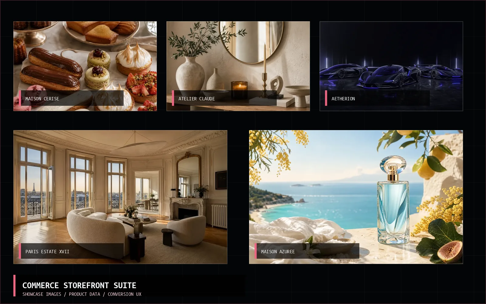 Collage screenshot of the five live Commerce Storefront Suite projects.