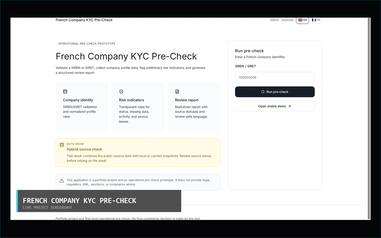 Screenshot of the French Company KYC Pre-Check project.
